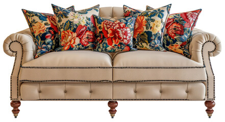 A floral patterned sofa with a floral pillow on it, cut out - stock png.