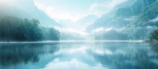 Tranquil Mountain Lake at Dusk A Peaceful Bokeh Blur Scene - obrazy, fototapety, plakaty