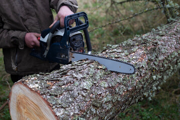 Chainsaw. Close-up of woodcutter sawing chain saw in motion. Concept is to bring down trees.