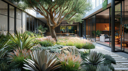 Fototapeta na wymiar A vibrant interior courtyard with a mix of succulents, tall grasses, and a statement tree at its heart. The surrounding space includes modern, minimalist furniture and floor-to-ceiling glass doors,