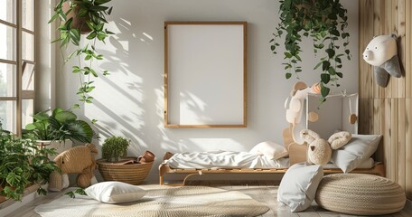 Mockup Frame in Children's Room with Farmhouse Flair and Wooden Furnishings - obrazy, fototapety, plakaty