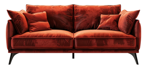 A red couch with pillows on it, cut out - stock png.