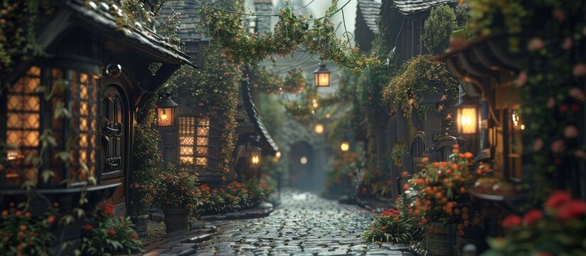 Charming Village Street Illustrated in a Peaceful Bokeh Blur Style