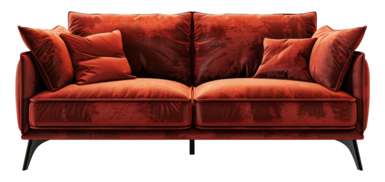 A red couch with pillows on it, cut out - stock png.
