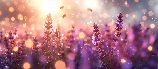 Fotobehang Buzzing Bees Amidst the Ethereal Blur of a Lavender Field © Sittichok