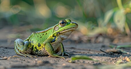 Fototapeta premium Green Frog Sits Calmly, Eyes Wide Open in Serenity
