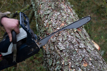 Chainsaw. Close-up of woodcutter sawing chain saw in motion. Concept is to bring down trees.