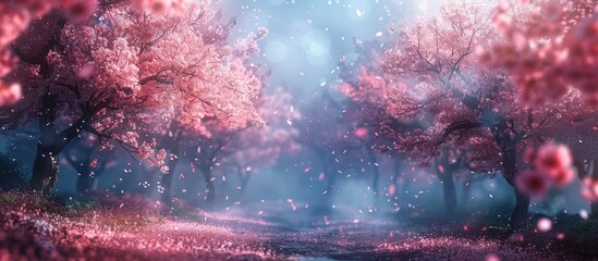 Ethereal Dance of Cherry Blossom Petals in Bokeh Blur Dreamscape - obrazy, fototapety, plakaty