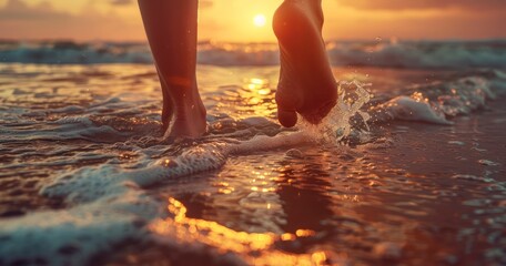 Woman's Toes in Sea Waves, Sunset Romance Scene - obrazy, fototapety, plakaty