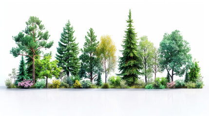 Green tree border. Forest foliage and coniferous plants in row. Mixed wood panorama with stylized...