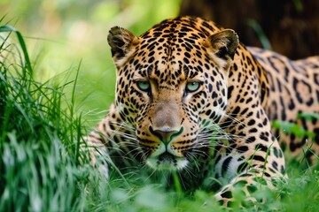 leopard crouches in the grass
