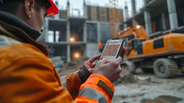 Construction worker seamlessly integrates technology into his work, scanning QR code amidst bustling 4K construction site.generative ai - Powered by Adobe