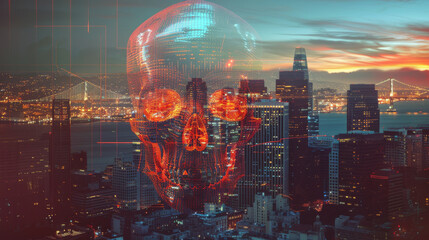 Abstract virtual code skull illustration on San Francisco skyline background.  - obrazy, fototapety, plakaty