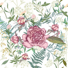 Blooming peony floral pattern with vector green herbs and flowers
