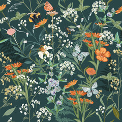 Blooming midsummer floral pattern with vector green herbs and flowers
