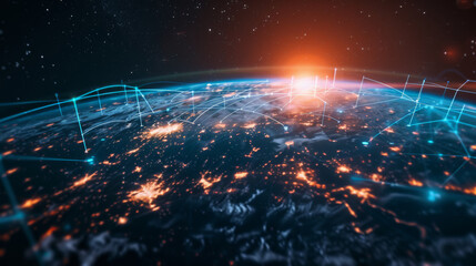 Connection lines Around Earth Globe Futuristic Technology Theme Background with Light Effect 3D illustration/Global International Connectivity Background. 
