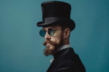 Gentleman with a monocle and top hat, the dapper dandy on bright background