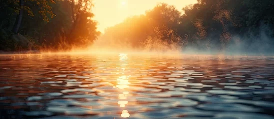 Fotobehang Misty Morning River Banks A Tranquil Retreat at Dawn © Sittichok