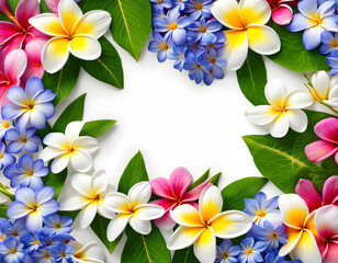 Computer close-up view of wet plumeria daisy cosmos and periwinkle flowers frame