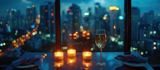 Intimate Rooftop Dinner Amidst a Bokeh Blur City Backdrop at Dusk