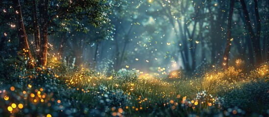 Ethereal Enchantment A Moonlit Forest Glade Aglow with Bokeh Blur Fireflies - obrazy, fototapety, plakaty