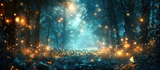 Ethereal Moonlit Forest Glade adorned with Fireflies Magical Glow - obrazy, fototapety, plakaty