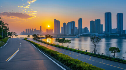 Asphalt road and pedestrian bridge with modern city skyline at sunset in Ningbo Zhejiang Province China. 
