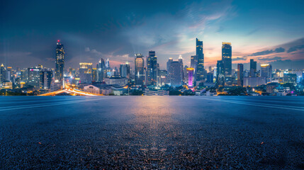 Bangkok urban cityscape skyline night scene with empty asphalt floor on front 