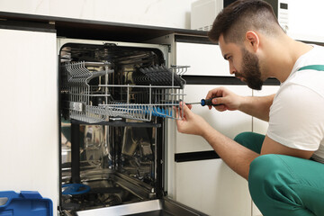 Serviceman repairing dishwasher with screwdriver in kitchen