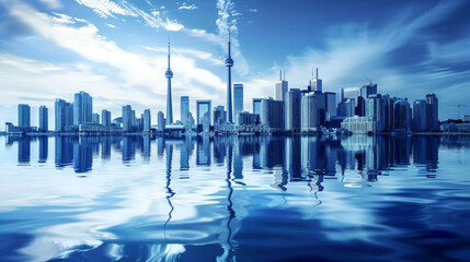 Fototapeta na wymiar Blue tone panorama of waterfront city skyline with reflection. Image composite. 
