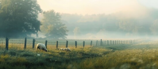 Misty Morning on the Farm A Tranquil Scene of Sheep Grazing in a Bokeh Blur Pasture - obrazy, fototapety, plakaty
