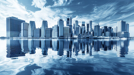 Fototapeta na wymiar Blue tone panorama of waterfront city skyline with reflection. Image composite. 