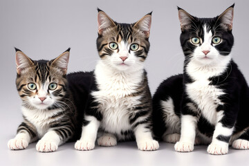 Three kittens sitting on the ground, looking up at the camera.