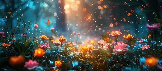 Bokeh Blur Enchanted Forest Glade Fairies Flitting Among Flowers in Magical Ambiance - obrazy, fototapety, plakaty