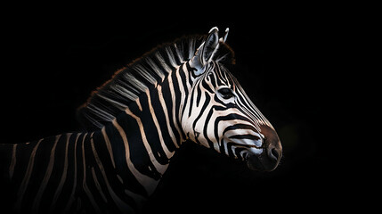 Fototapeta na wymiar a zebra against a dark background, with its distinctive black and white stripes illuminated dramatically