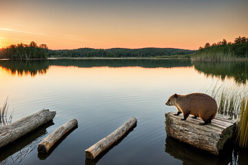 A beaver standing on a log in the middle of a lake. - Powered by Adobe