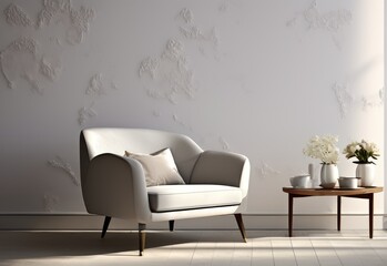 The interior has a armchair on empty white wall background