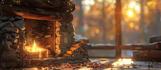 Tranquil Mountain Cabin Retreat A Cozy Bokeh Blurstyle Escape with a Crackling Fire - obrazy, fototapety, plakaty