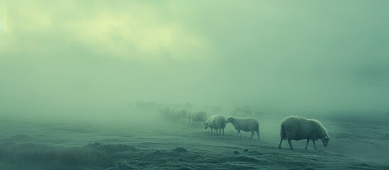 Misty Morning Moors Sheep Grazing in the Early Light of Day - obrazy, fototapety, plakaty