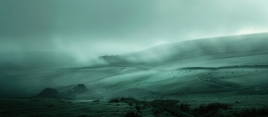 Misty Moors Morning A Bokeh Blurred Scene of Sheep Grazing in the Uplands - obrazy, fototapety, plakaty