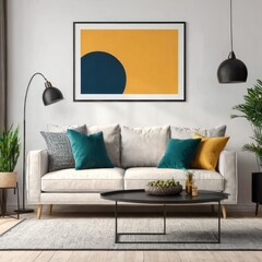 modern living room with sofa, picture mockup on the wall