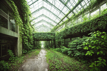 A long, narrow corridor with green plants growing on the walls and ceiling. - obrazy, fototapety, plakaty