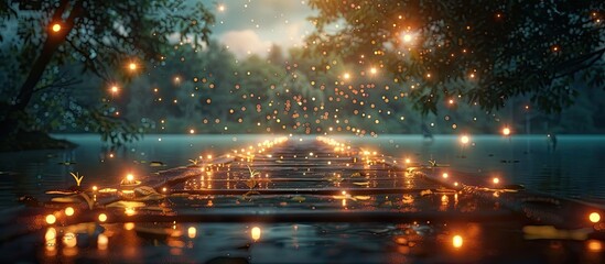 Fototapeta na wymiar Ethereal Moonlit Lakeside Stroll Tranquil Nighttime Scenery with Bokeh Blur Fireflies