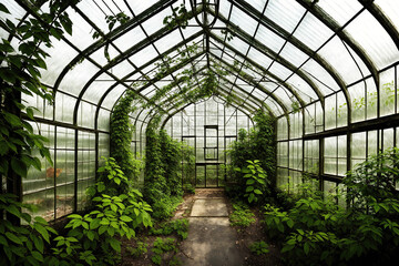 A greenhouse with a glass roof and walls.