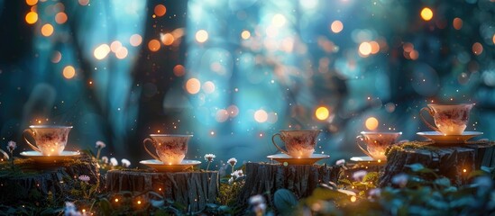 Magical Afternoon Tea Soiree in a Bokeh Blurstyle Secret Garden with Teacups and Saucers on Tree Stumps