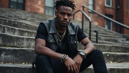Black man, fashion and street style clothes on cool, trend or attitude model on steps by city wall background on building, Portrait of serious student sitting on stairs in urban punk clothing outdoor - Powered by Adobe