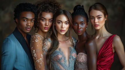 Obraz premium Exquisite portrayal of culturally diverse couples in high fashion, authentically lifelike, yet flawlessly beautiful. .generative ai