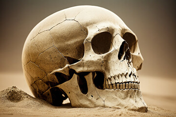 A skull buried in the sand. - obrazy, fototapety, plakaty