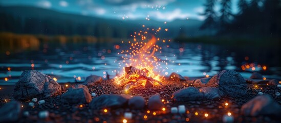 Starry Night Lakeside Campfire Tranquil Adventure Under the Cosmic Canopy