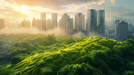 A lush urban forest meets a misty city skyline bathed in the warm light of sunrise, illustrating a blend of nature and urbanization.